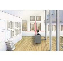 Illustration eines Museumsraumes mit Laser zur Ausrichtung von Bildern
