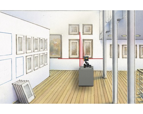 Illustration eines Museumsraumes mit Laser zur Ausrichtung von Bildern
