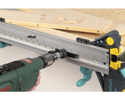 Wolfcraft Dübelleiste mit Bohrmaschine und Werkstück
