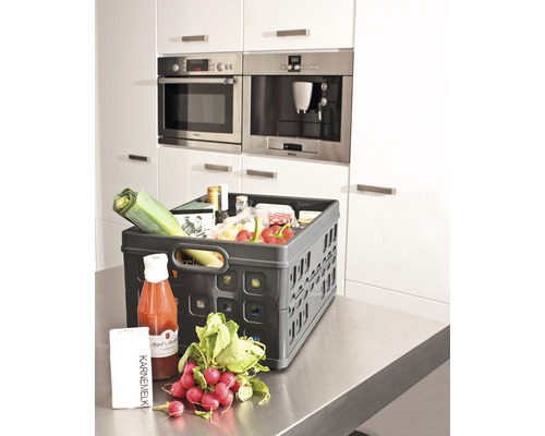 Lebensmittel in einer faltbaren Einkaufskiste in einer Küche mit Geräten