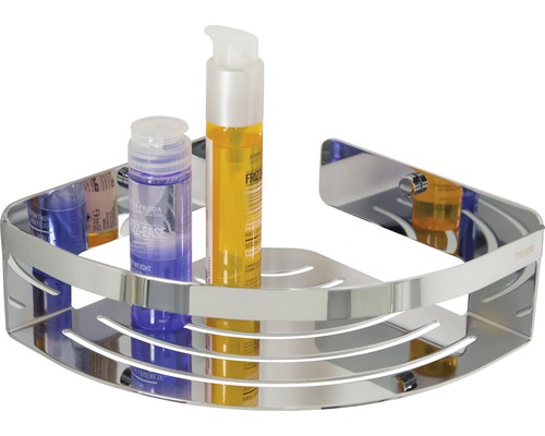 Eckregal aus Metall mit diversen Pflegeprodukten