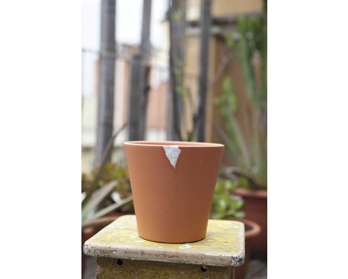 Beschädigter Pflanztopf aus Terrakotta auf einem Tisch