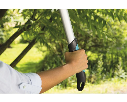 Eine Person hält eine Astschere in der Hand.