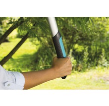 Hand hält Gartenschere mit Teleskopstiel