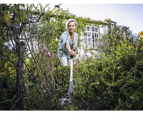 Frau benutzt eine Wurzelzange im Garten, um Unkraut zu entfernen