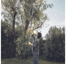 Eine Person benutzt eine Teleskop-Astschere im Garten, um Äste von einem Baum zu schneiden.