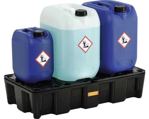 Auffangwanne mit Behältern, Gefahrensymbol: Umweltgefahr