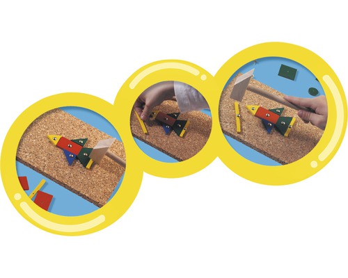 Bilderreihe eines Holzspielzeug-Steckspiels mit Hammer und bunten Formen auf einer Korkplatte