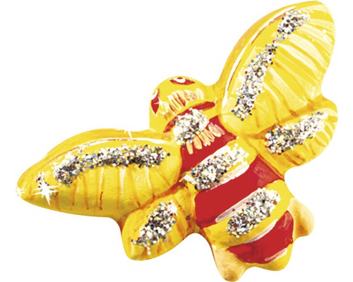 Dekorative gelbe und rote Holzbiene mit Glitzer