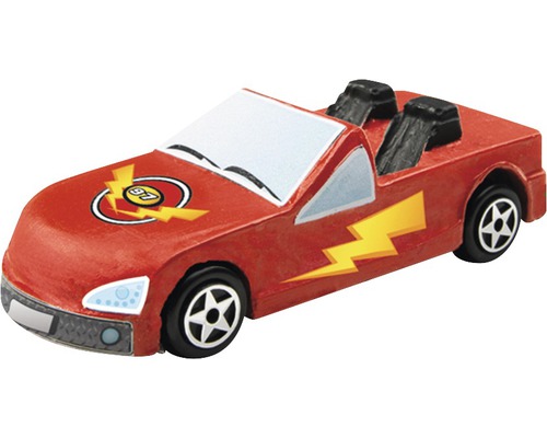 Rotes Spielzeugauto mit Blitzmotiven