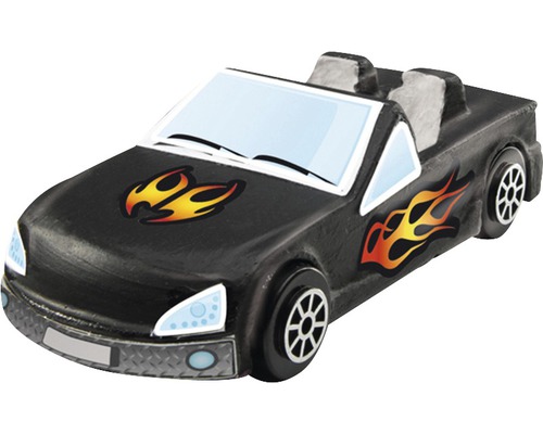 Schwarzes Spielzeugauto mit Flammenaufklebern
