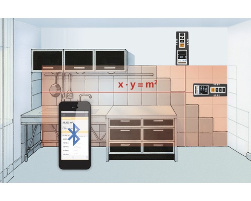 Skizze einer Küche mit Laser-Entfernungsmesser und Smartphone zur Messung von Flächen