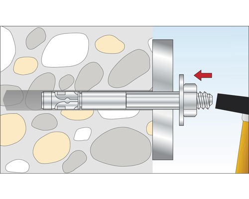 Illustration einer Bolzenankermontage in einer Steinwand mit Hammer