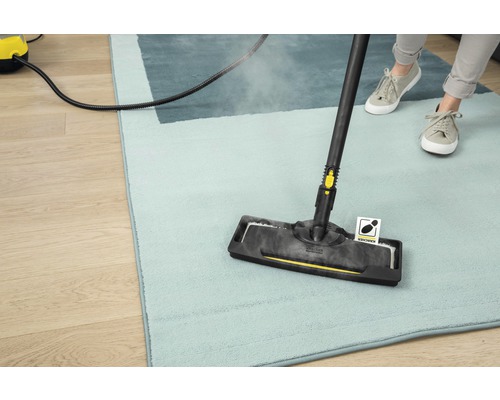 Eine Person reinigt einen Teppich mit einem Dampfreiniger.