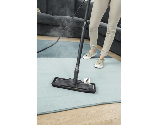 Dampfreiniger im Einsatz auf einem Teppich, entfernt Flecken