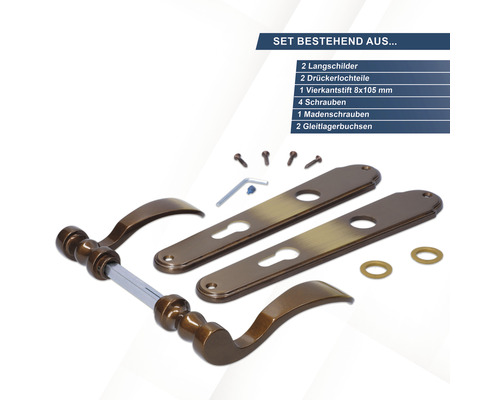 Türbeschlagset mit Langschildern, Vierkantstift, Schrauben und Gleitlagerbuchsen