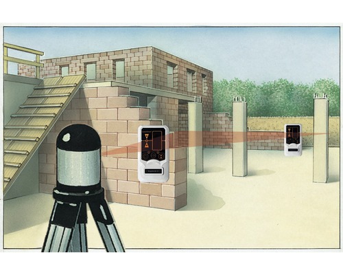 Illustration eines Baustellenlasers mit zwei Empfängern an einer Baustelle