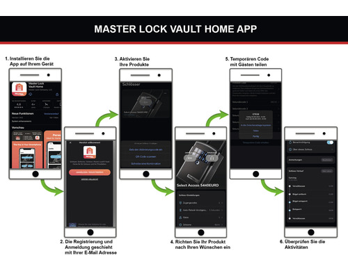 Master Lock Vault Home App Installationsanleitung auf Smartphones.