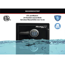 Wasserresistenter Safe mit digitalem Zahlenschloss, ETL zertifiziert, 24 Stunden wasserdicht bei einer Wasserhöhe von 12 cm. Master Lock Logo.