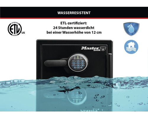 Wasserresistenter Safe mit digitalem Zahlenschloss, ETL zertifiziert, 24 Stunden wasserdicht bei einer Wasserhöhe von 12 cm. Master Lock Logo.
