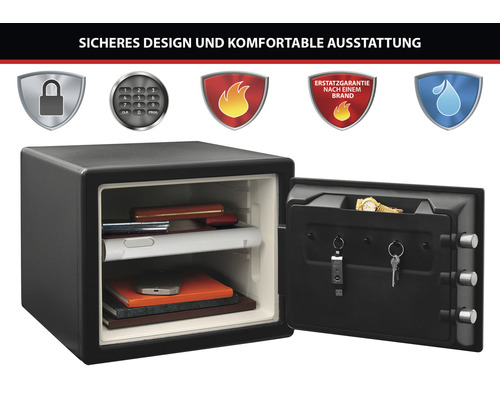 Offener Tresor mit zweistufigen Innenraum und Symbolen für Sicherheitsmerkmale