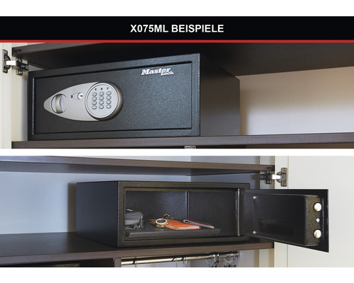 Master Lock Tresor im Schrank, einmal geschlossen mit Zahlencode, einmal geöffnet mit Inhalt