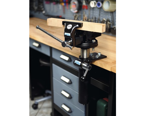 Werkbank mit Schraubstock und eingespanntem Holzstück.