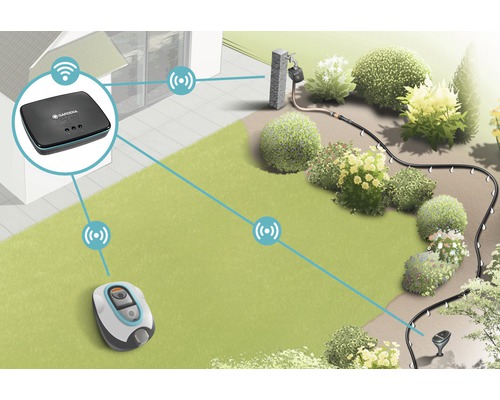 Illustration eines Gartens mit dem Gardena Smart System zur Bewässerung und Rasenpflege