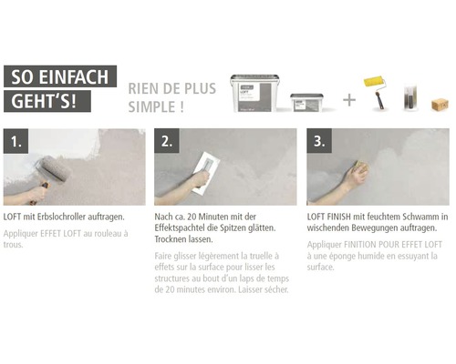 Anleitung zur Wandgestaltung mit Effektspachtel, dargestellt in drei Schritten