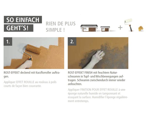 Anleitung zur Gestaltung einer Wand mit Rosteffekt: Farbe auftragen mit Farbroller, anschließend mit einem feuchten Naturschwamm verarbeiten.