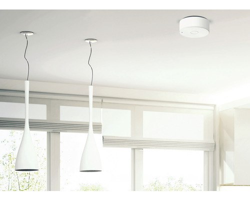 Raumbild mit zwei Pendelleuchten und einem Rauchmelder an der Decke.