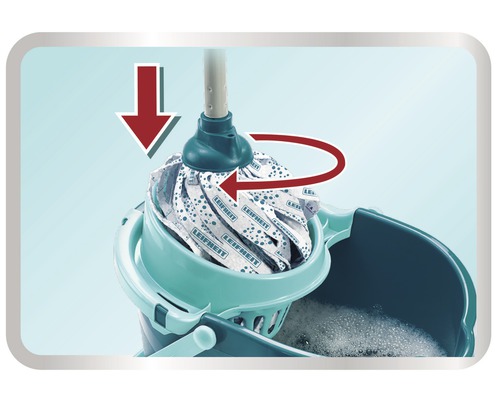 Leifheit Wischmop im Eimer mit Auswringer, Pfeile zeigen die Drehrichtung