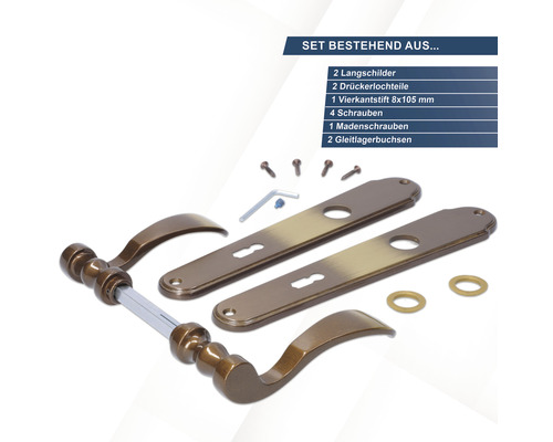 Türdrückergarnitur Set mit Langschildern, Drückerlochteilen, Vierkantstift, Schrauben und Gleitlagerbuchsen