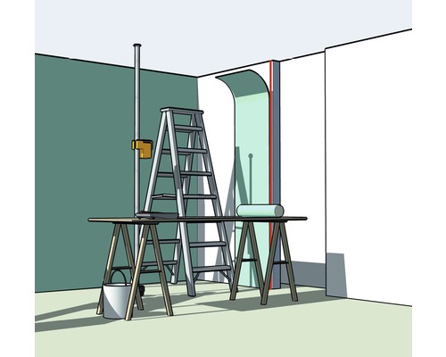 Raumszene mit Leiter, Böcken, Farbrolle und Eimer für Renovierungsarbeiten