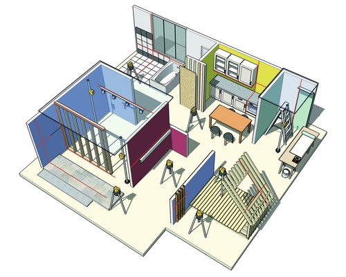 Illustration eines Hauses im Bau mit Laser-Wasserwaagen zur Ausrichtung von Wänden und Installationen