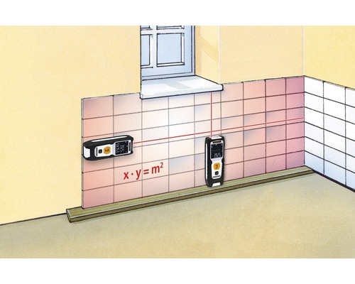 Raumszene mit zwei Laser-Entfernungsmessern an einer gefliesten Wand