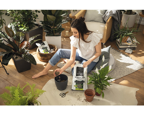 Frau sitzt auf dem Boden und befüllt einen Pflanztopf mit Lechuza Pon Pflanzsubstrat, umgeben von Zimmerpflanzen