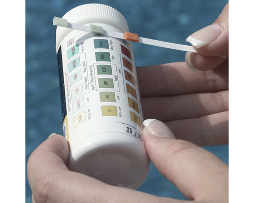 Eine Person testet das Poolwasser mit einem Teststreifen und einer Testkartusche.