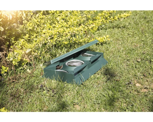 Grüne Köderbox mit Deckel und Vogel auf Rasen