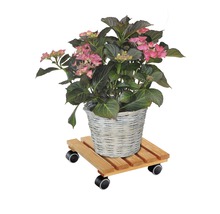 Hortensie in einem Korb auf einem Pflanzenroller aus Holz