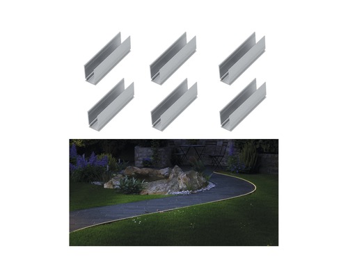 Sechs Aluminiumprofile für LED-Streifen und einen Gartenweg mit LED-Beleuchtung.
