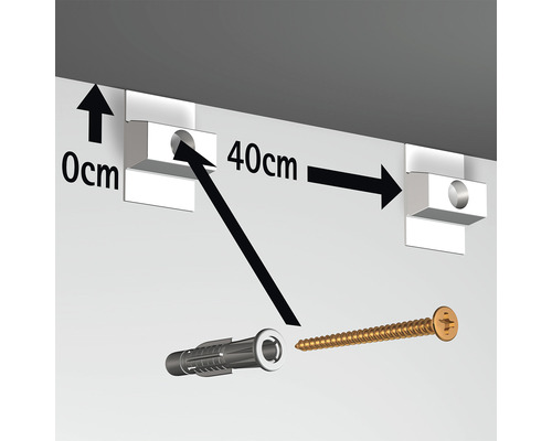 Darstellung zur Montage von zwei Halterungen mit Dübel und Schraube, Abstand 40 Zentimeter