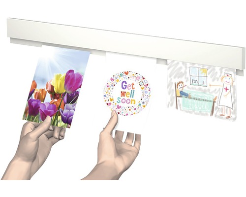 Bilderleiste mit Fotos, Postkarten und Kinderzeichnungen