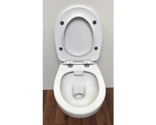 Weisses Tiefspül WC mit offenem Spülrand und Toilettensitz mit Absenkautomatik