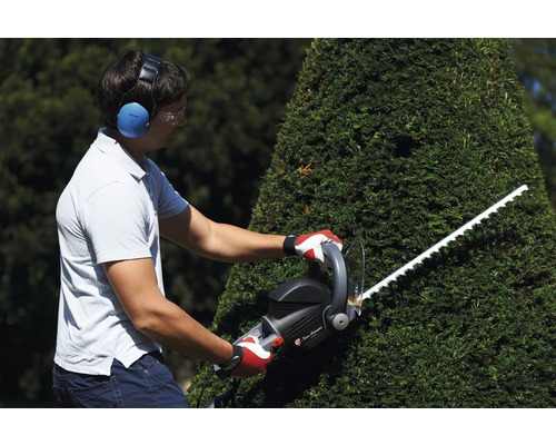 Mann mit Gehörschutz, Schutzbrille und Handschuhen schneidet eine Hecke mit einer Heckenschere.
