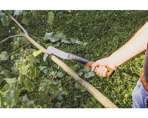 Person schneidet einen Ast mit einer for_q Hippe.