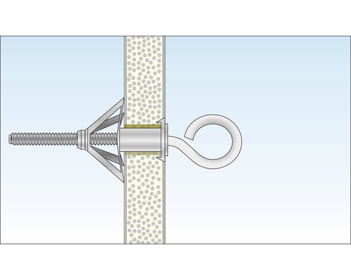 Illustration eines Kippdübels mit Haken in einer Wand