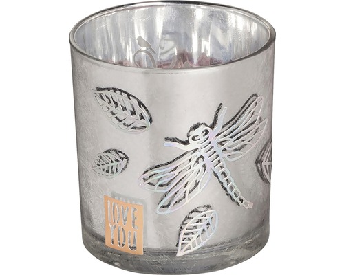 Teelichthalter aus Glas mit Libellen- und Blattmotiven