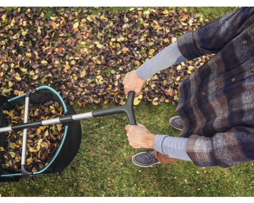 Draufsicht einer Person mit einem Laubsammler auf einer Rasenfläche mit Herbstlaub