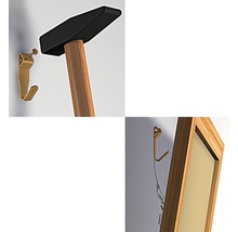 Illustration eines Bildaufhängesets mit Hammer, Nagel und Haken zur Wandbefestigung eines Bilderrahmens.